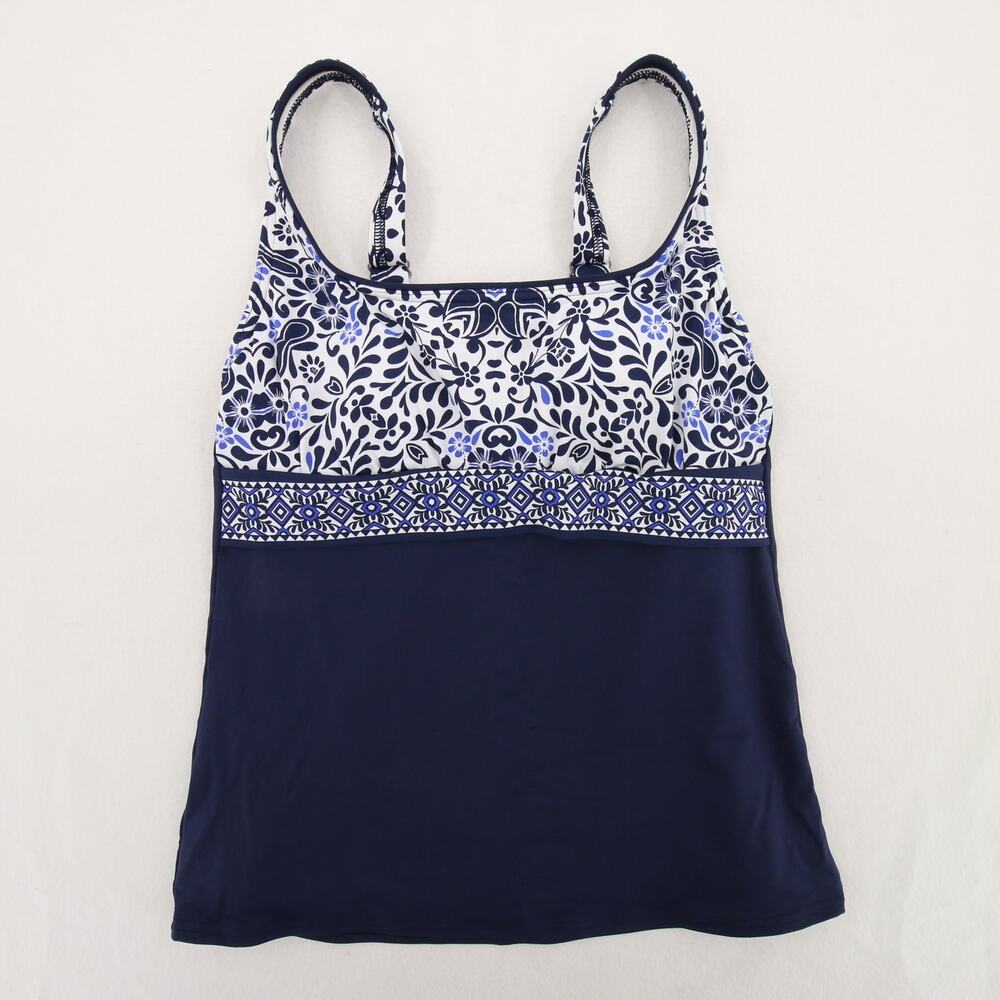 Lands End Tankini Top Navy Blue White Underwire Tummy Control Swimsuit Size 2